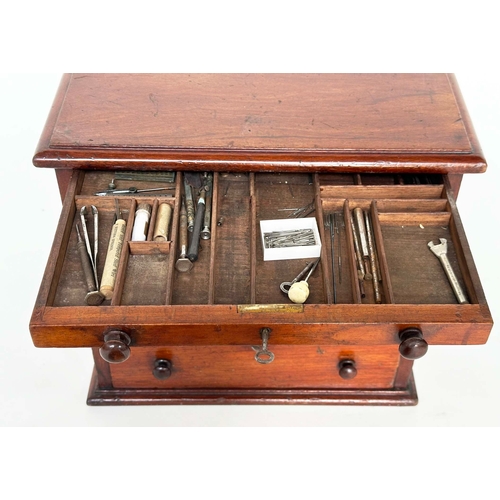 127 - CLOCKMAKERS CABINET, 19th century mahogany with six graduated drawers, (retaining a selection of clo... 