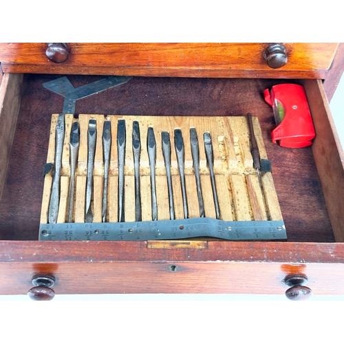 127 - CLOCKMAKERS CABINET, 19th century mahogany with six graduated drawers, (retaining a selection of clo... 