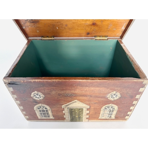 128 - COUNTRY HOUSE LODGE BOX, 19th century pine painted as a Georgian Country House lodge, with rising li... 