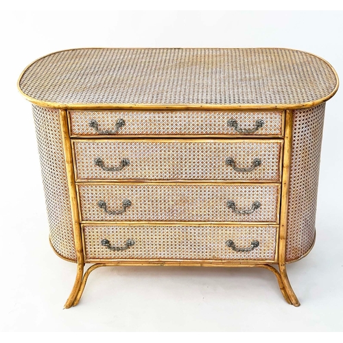 129 - BAMBOO/CANE CHEST, oval bamboo framed and cane panelled with four long drawers, 100cm W x 52cm D x 7... 