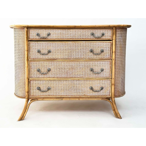 129 - BAMBOO/CANE CHEST, oval bamboo framed and cane panelled with four long drawers, 100cm W x 52cm D x 7... 