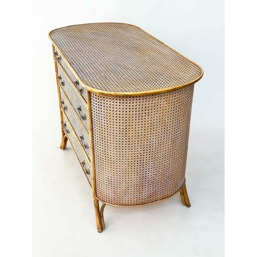 129 - BAMBOO/CANE CHEST, oval bamboo framed and cane panelled with four long drawers, 100cm W x 52cm D x 7... 