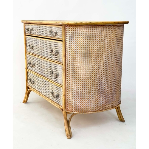 129 - BAMBOO/CANE CHEST, oval bamboo framed and cane panelled with four long drawers, 100cm W x 52cm D x 7... 