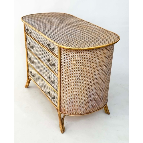 129 - BAMBOO/CANE CHEST, oval bamboo framed and cane panelled with four long drawers, 100cm W x 52cm D x 7... 