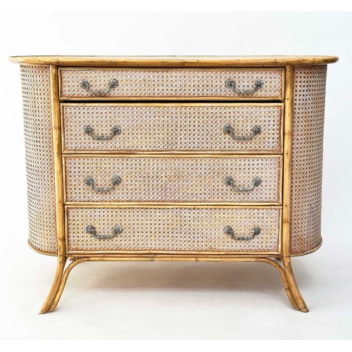 129 - BAMBOO/CANE CHEST, oval bamboo framed and cane panelled with four long drawers, 100cm W x 52cm D x 7... 