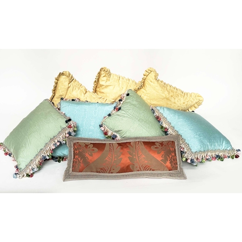 130 - CUSHIONS, eight cushions including Telletta silk and tasselled and gold brocade. (8)