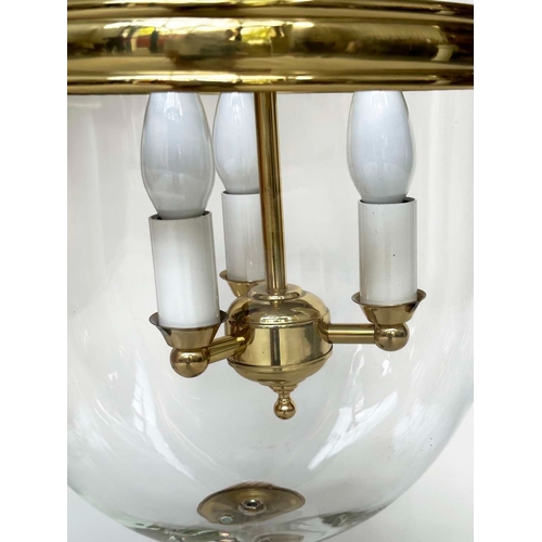 132 - WITHDRAWN HALL LANTERN, Georgian style brass mounted with bell-jar glass and three bulb suspended li... 