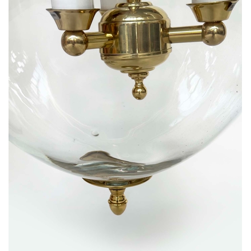 132 - WITHDRAWN HALL LANTERN, Georgian style brass mounted with bell-jar glass and three bulb suspended li... 