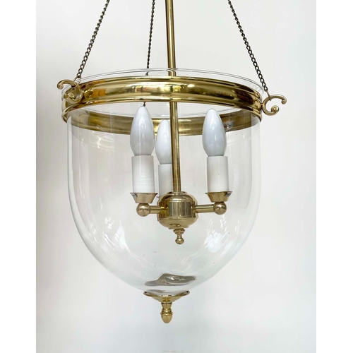 132 - WITHDRAWN HALL LANTERN, Georgian style brass mounted with bell-jar glass and three bulb suspended li... 