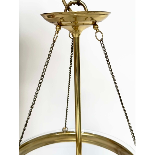 132 - WITHDRAWN HALL LANTERN, Georgian style brass mounted with bell-jar glass and three bulb suspended li... 