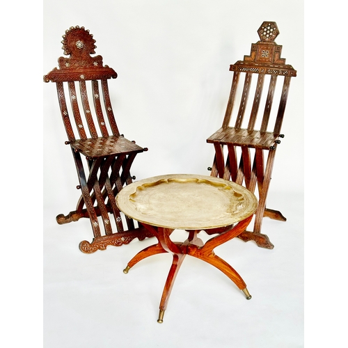 135 - MOORISH CHAIRS, two Syrian folding 'X' frame with bone, ebony and mother of pearl inlay, together wi... 