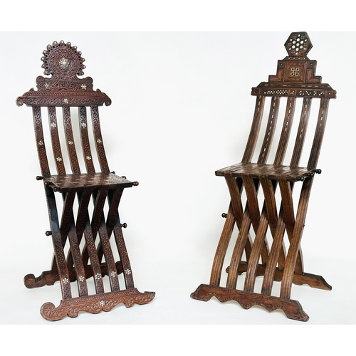 135 - MOORISH CHAIRS, two Syrian folding 'X' frame with bone, ebony and mother of pearl inlay, together wi... 