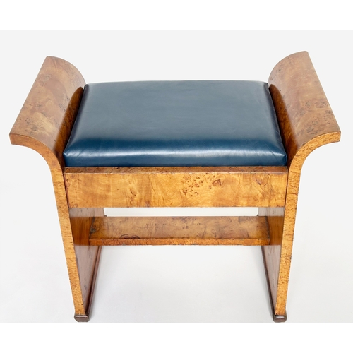 138 - ART DECO STOOL, birds-eye maple with scroll arms and inset leather seat, 64cm x 38cm D x 53cm.