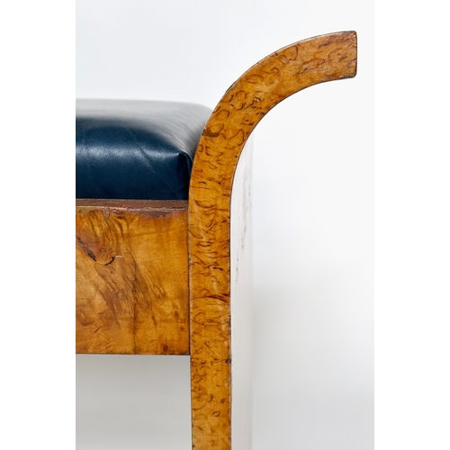 138 - ART DECO STOOL, birds-eye maple with scroll arms and inset leather seat, 64cm x 38cm D x 53cm.