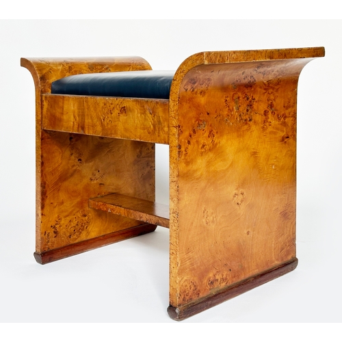 138 - ART DECO STOOL, birds-eye maple with scroll arms and inset leather seat, 64cm x 38cm D x 53cm.