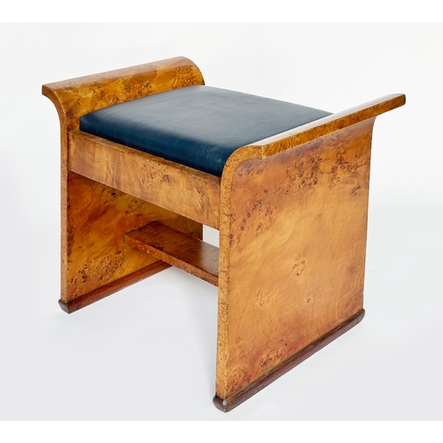 138 - ART DECO STOOL, birds-eye maple with scroll arms and inset leather seat, 64cm x 38cm D x 53cm.