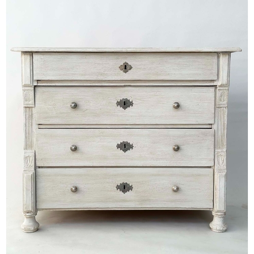 140 - COMMODE, 19th century French, Napoleon III traditionally grey painted with four long drawers with re... 