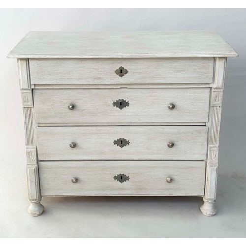 140 - COMMODE, 19th century French, Napoleon III traditionally grey painted with four long drawers with re... 