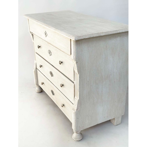 140 - COMMODE, 19th century French, Napoleon III traditionally grey painted with four long drawers with re... 