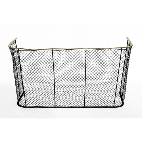 141 - NURSERY FENDER, 19th century wrought iron and mesh panelled with polished brass top tail stamped 'Sa... 