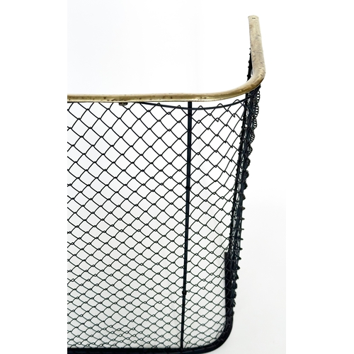 141 - NURSERY FENDER, 19th century wrought iron and mesh panelled with polished brass top tail stamped 'Sa... 