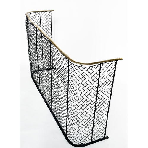 141 - NURSERY FENDER, 19th century wrought iron and mesh panelled with polished brass top tail stamped 'Sa... 