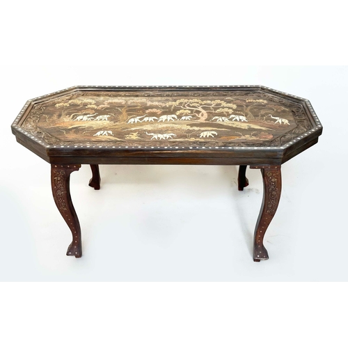 142 - ELEPHANT LOW TABLE, carved Indian hardwood and bone and specimen wood inlaid, 101cm W x 50cm D x 46c... 