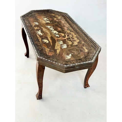 142 - ELEPHANT LOW TABLE, carved Indian hardwood and bone and specimen wood inlaid, 101cm W x 50cm D x 46c... 