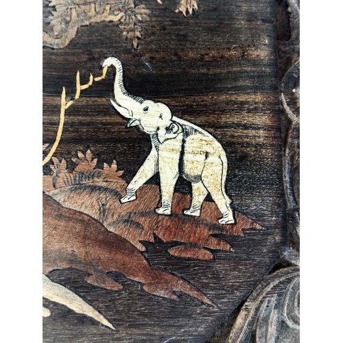 142 - ELEPHANT LOW TABLE, carved Indian hardwood and bone and specimen wood inlaid, 101cm W x 50cm D x 46c... 