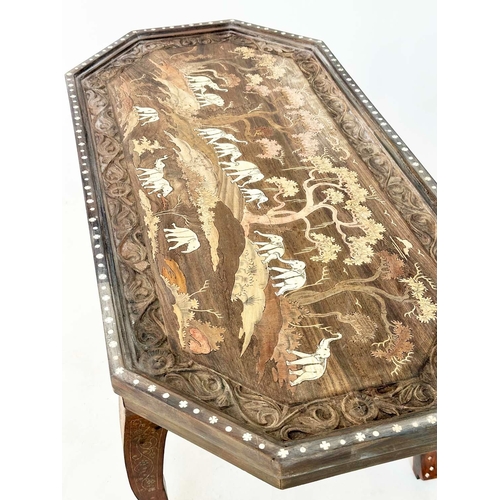 142 - ELEPHANT LOW TABLE, carved Indian hardwood and bone and specimen wood inlaid, 101cm W x 50cm D x 46c... 