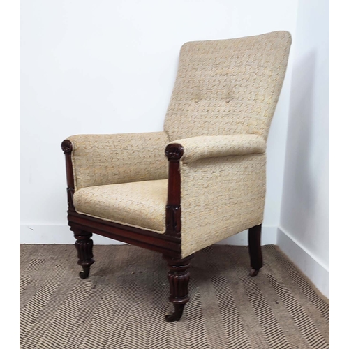 147 - LIBRARY ARMCHAIR, William IV mahogany, circa 1830, in patterned upholstery on brass castors, 111cm H... 