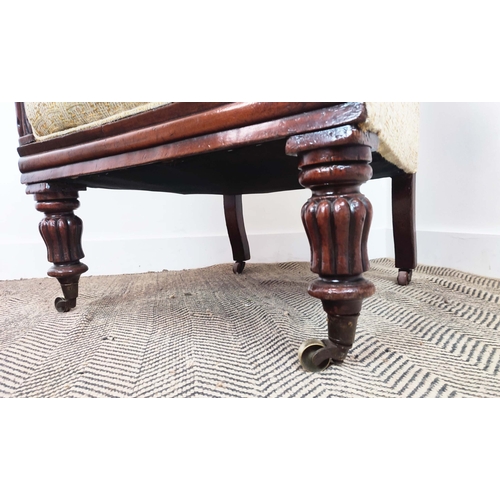 147 - LIBRARY ARMCHAIR, William IV mahogany, circa 1830, in patterned upholstery on brass castors, 111cm H... 