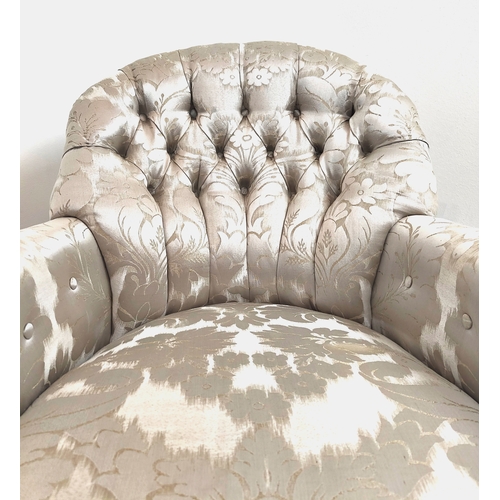 149 - ARMCHAIR, silvered Damask and white velvet on beech legs, 77cm H x 64cm W x 84cm D.