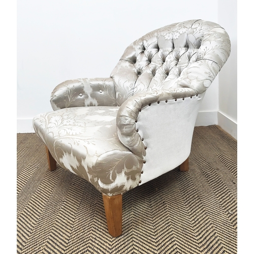 149 - ARMCHAIR, silvered Damask and white velvet on beech legs, 77cm H x 64cm W x 84cm D.