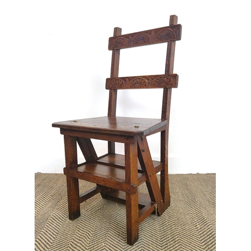 154 - METAMORPHIC LIBRARY CHAIR/STEPS, late Victorian oak with brown leather treads, chair, 88cm H x 44cm ... 