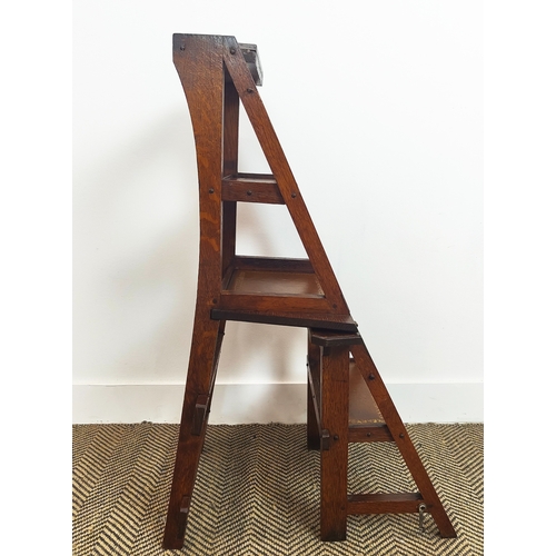 154 - METAMORPHIC LIBRARY CHAIR/STEPS, late Victorian oak with brown leather treads, chair, 88cm H x 44cm ... 