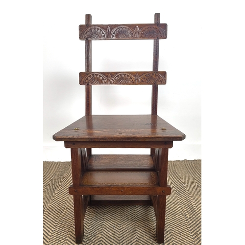 154 - METAMORPHIC LIBRARY CHAIR/STEPS, late Victorian oak with brown leather treads, chair, 88cm H x 44cm ... 