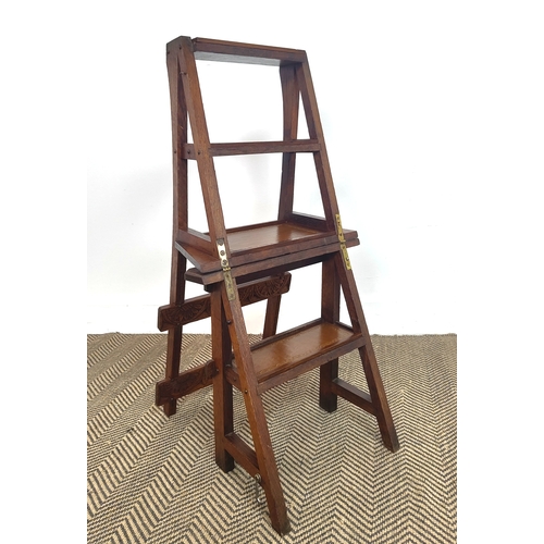 154 - METAMORPHIC LIBRARY CHAIR/STEPS, late Victorian oak with brown leather treads, chair, 88cm H x 44cm ... 