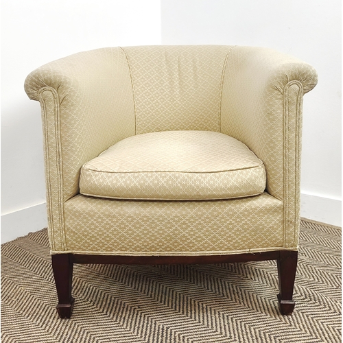 155 - TUB CHAIR, Edwardian mahogany in cream patterned material, 77cm H x 74cm W x 75cm D.