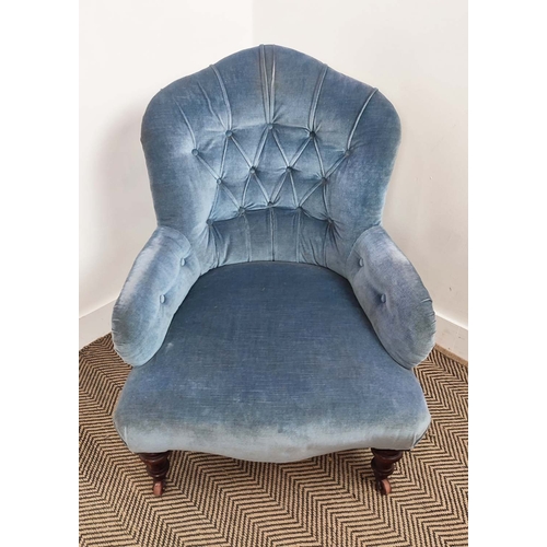 171 - ARMCHAIR, by Cornelius Vincent Smith, Victorian beechwood, circa 1880, in blue velvet on ceramic cas... 