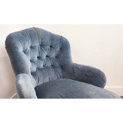 171 - ARMCHAIR, by Cornelius Vincent Smith, Victorian beechwood, circa 1880, in blue velvet on ceramic cas... 