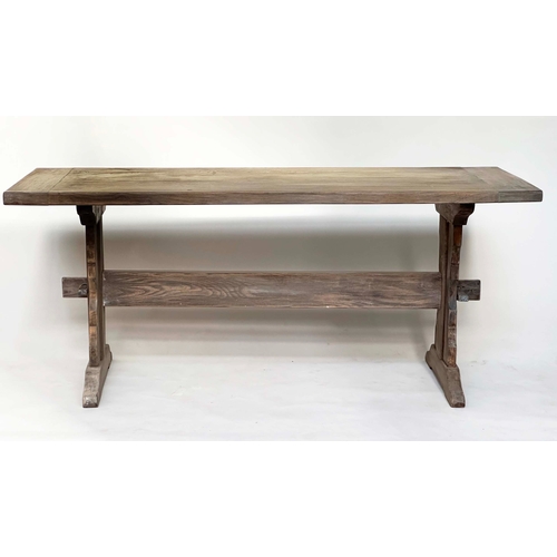 179 - REFECTORY DINING TABLE, farmhouse solid elm with twin trestle supports united by a shaped stretcher,... 