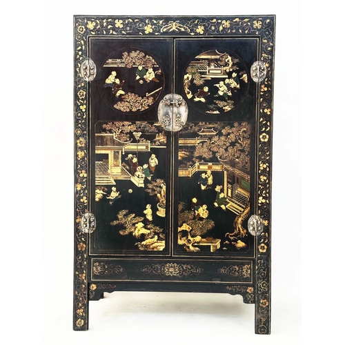 181 - MARRIAGE CABINET, 19th century Chinese lacquered and gilt Chinoiserie decorated with two silver meta... 