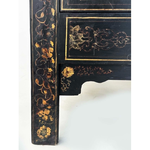 181 - MARRIAGE CABINET, 19th century Chinese lacquered and gilt Chinoiserie decorated with two silver meta... 