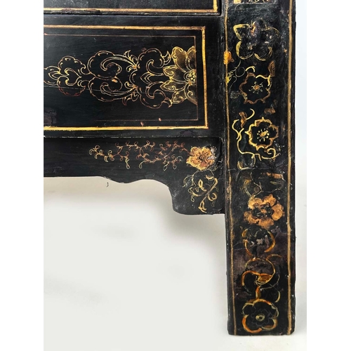 181 - MARRIAGE CABINET, 19th century Chinese lacquered and gilt Chinoiserie decorated with two silver meta... 