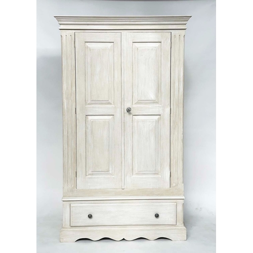 182 - ARMOIRE, French style grey painted with two panelled doors enclosing hanging space and a full width ... 