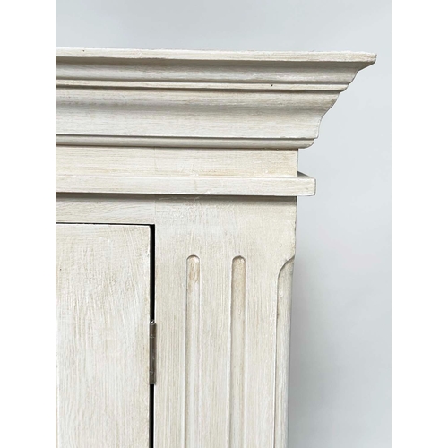 182 - ARMOIRE, French style grey painted with two panelled doors enclosing hanging space and a full width ... 