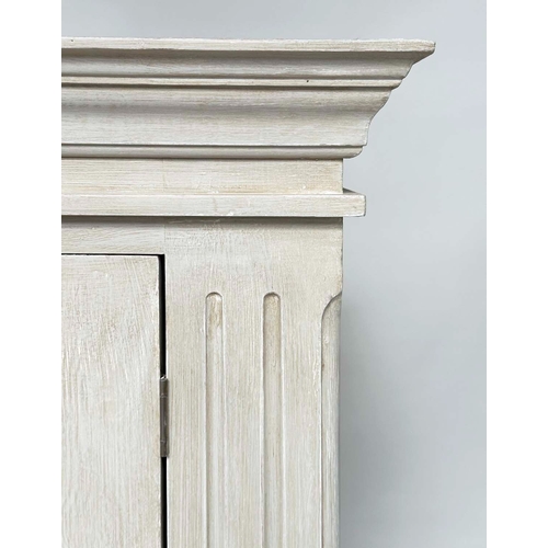 182 - ARMOIRE, French style grey painted with two panelled doors enclosing hanging space and a full width ... 