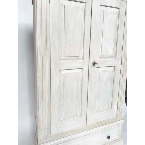 182 - ARMOIRE, French style grey painted with two panelled doors enclosing hanging space and a full width ... 