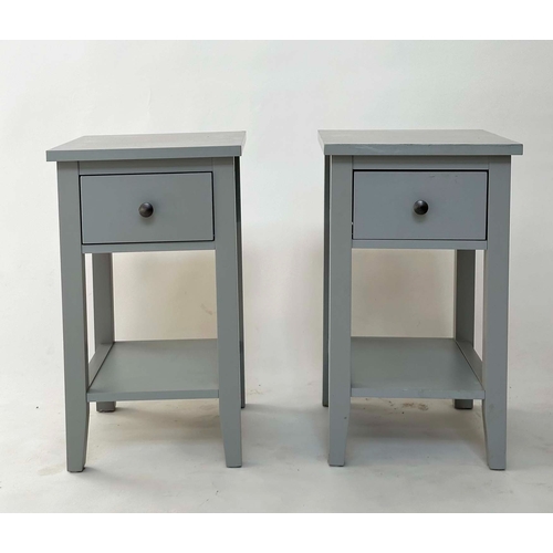 184 - BEDSIDE/LAMP TABLES, a pair, grey painted each with single drawer, 32cm W x 35cm D x 56cm H. (2)